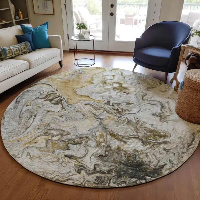 8' Taupe Beige And Ivory Round Abstract Washable Indoor Outdoor Area Rug Photo 7