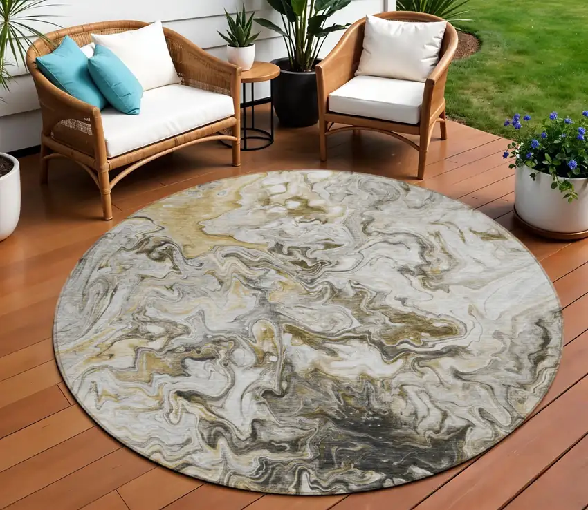 8' Taupe Beige And Ivory Round Abstract Washable Indoor Outdoor Area Rug Photo 1