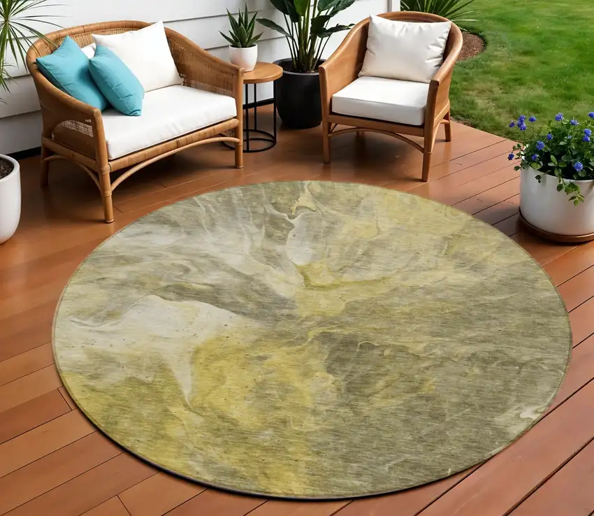 8' Taupe Beige And Ivory Round Abstract Washable Indoor Outdoor Area Rug Photo 1
