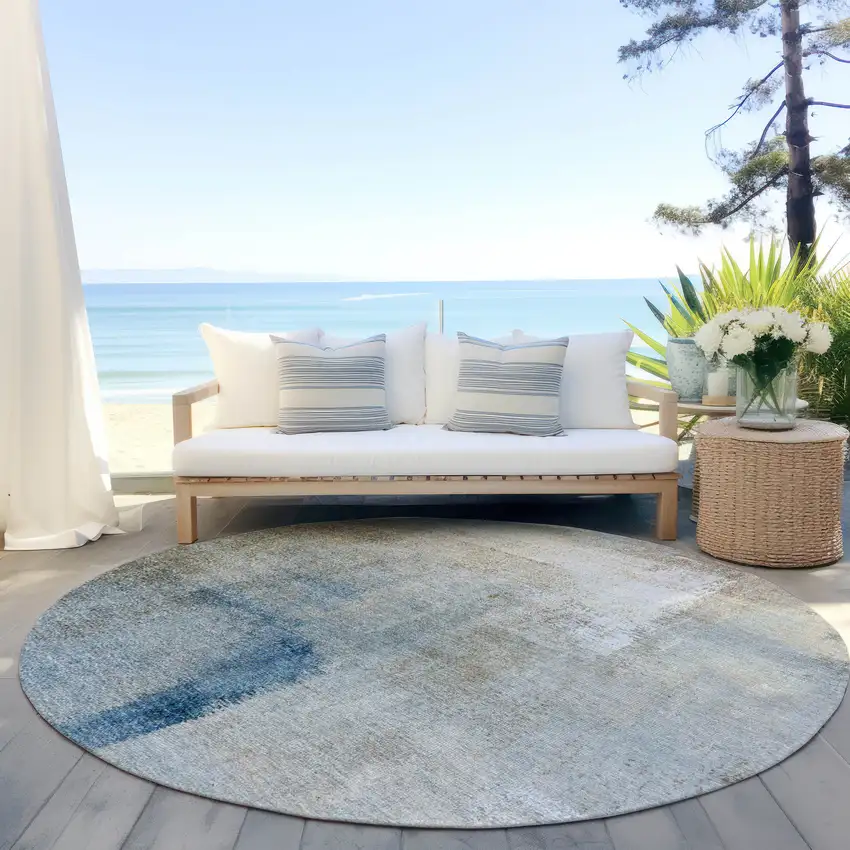 8' Taupe Beige And Ivory Round Abstract Washable Indoor Outdoor Area Rug Photo 4