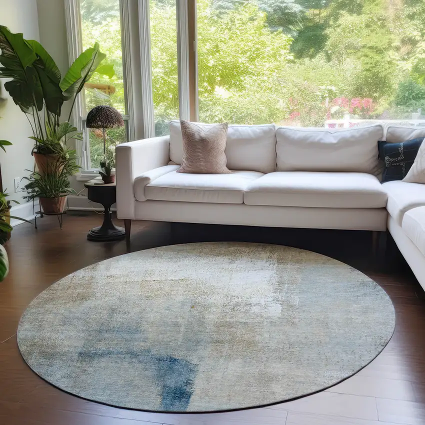8' Taupe Beige And Ivory Round Abstract Washable Indoor Outdoor Area Rug Photo 5