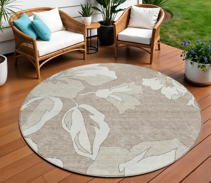 8' Taupe Beige And Ivory Round Floral Washable Indoor Outdoor Area Rug Photo 1