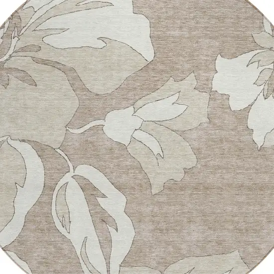 8' Taupe Beige And Ivory Round Floral Washable Indoor Outdoor Area Rug Photo 5