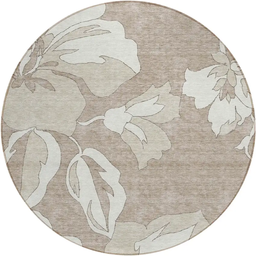 8' Taupe Beige And Ivory Round Floral Washable Indoor Outdoor Area Rug Photo 2