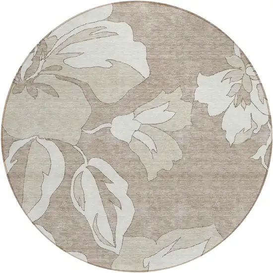 8' Taupe Beige And Ivory Round Floral Washable Indoor Outdoor Area Rug Photo 2
