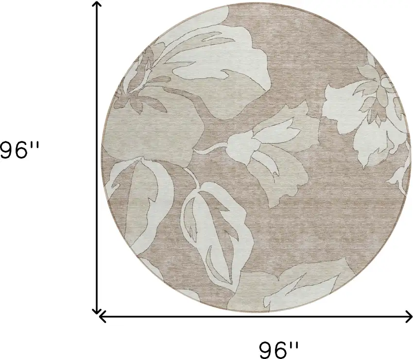 8' Taupe Beige And Ivory Round Floral Washable Indoor Outdoor Area Rug Photo 3