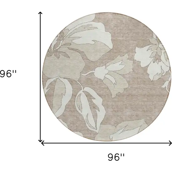 8' Taupe Beige And Ivory Round Floral Washable Indoor Outdoor Area Rug Photo 3