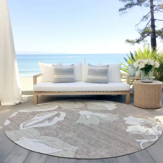 8' Taupe Beige And Ivory Round Floral Washable Indoor Outdoor Area Rug Photo 7