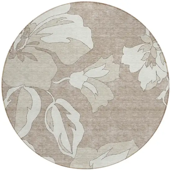 8' Taupe Beige And Ivory Round Floral Washable Indoor Outdoor Area Rug Photo 6