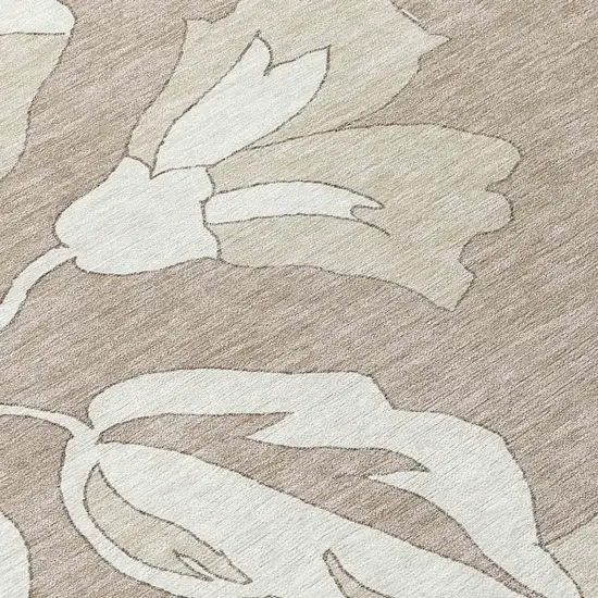 8' Taupe Beige And Ivory Round Floral Washable Indoor Outdoor Area Rug Photo 4