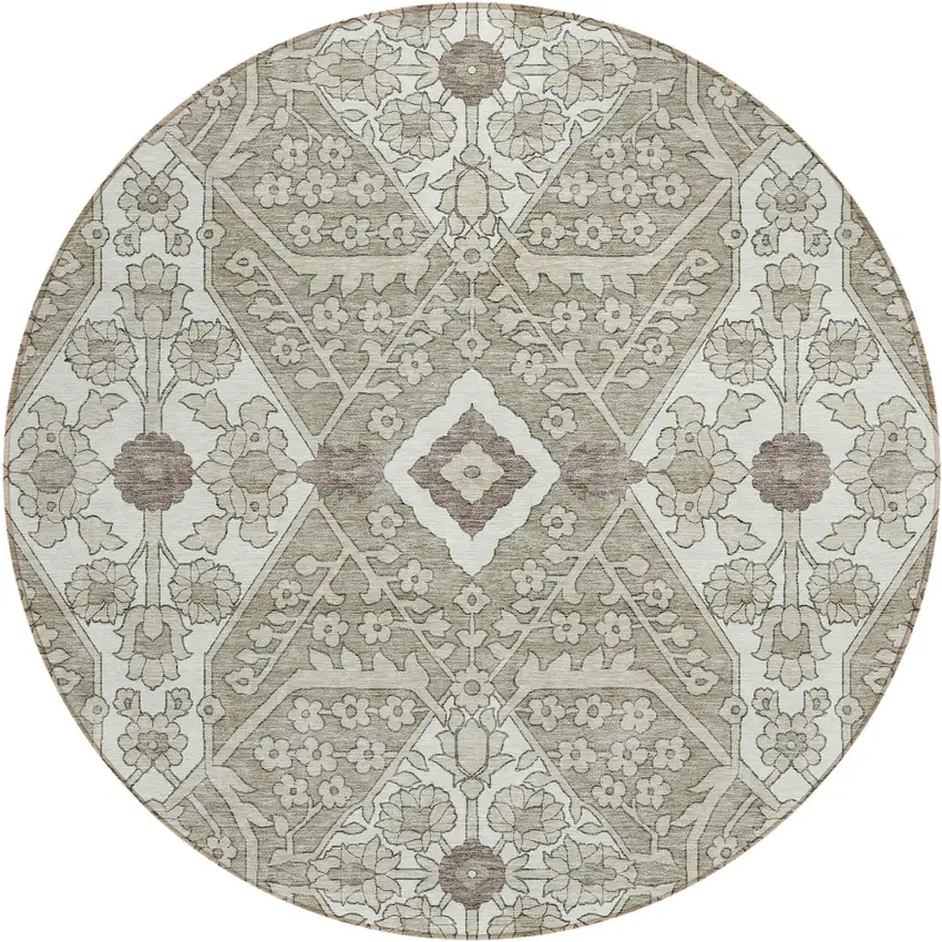 8' Taupe Beige And Ivory Round Floral Washable Indoor Outdoor Area Rug Photo 2