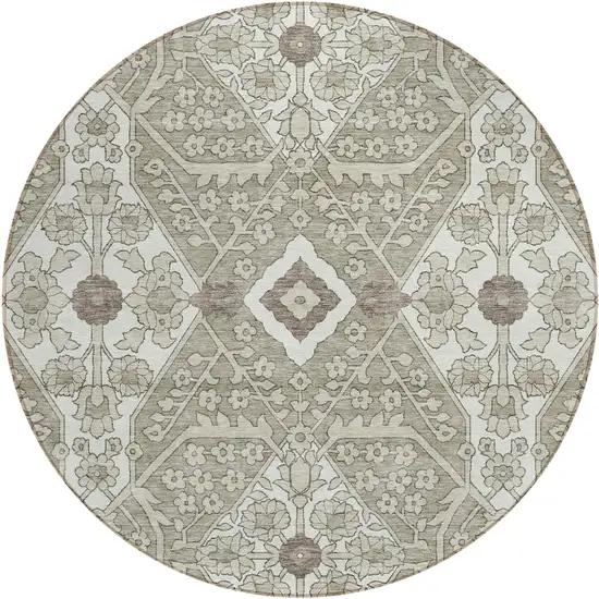 8' Taupe Beige And Ivory Round Floral Washable Indoor Outdoor Area Rug Photo 2