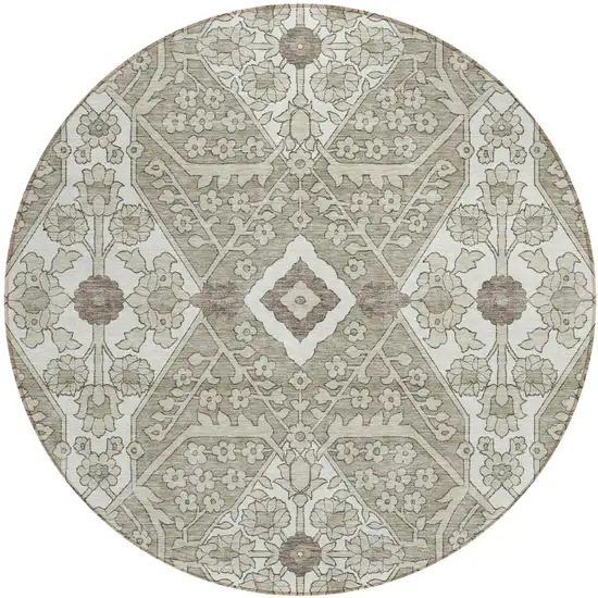 8' Taupe Beige And Ivory Round Floral Washable Indoor Outdoor Area Rug Photo 2
