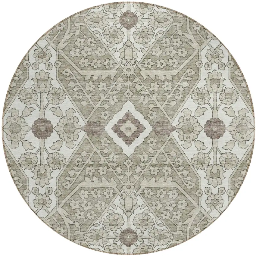 8' Taupe Beige And Ivory Round Floral Washable Indoor Outdoor Area Rug Photo 2