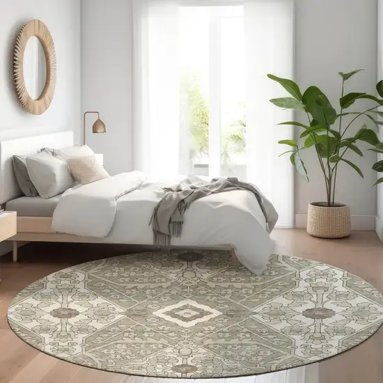 8' Taupe Beige And Ivory Round Floral Washable Indoor Outdoor Area Rug Photo 8