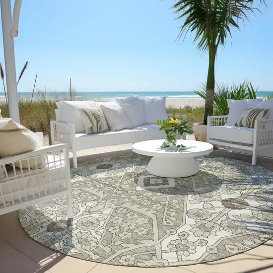 8' Taupe Beige And Ivory Round Floral Washable Indoor Outdoor Area Rug Photo 7