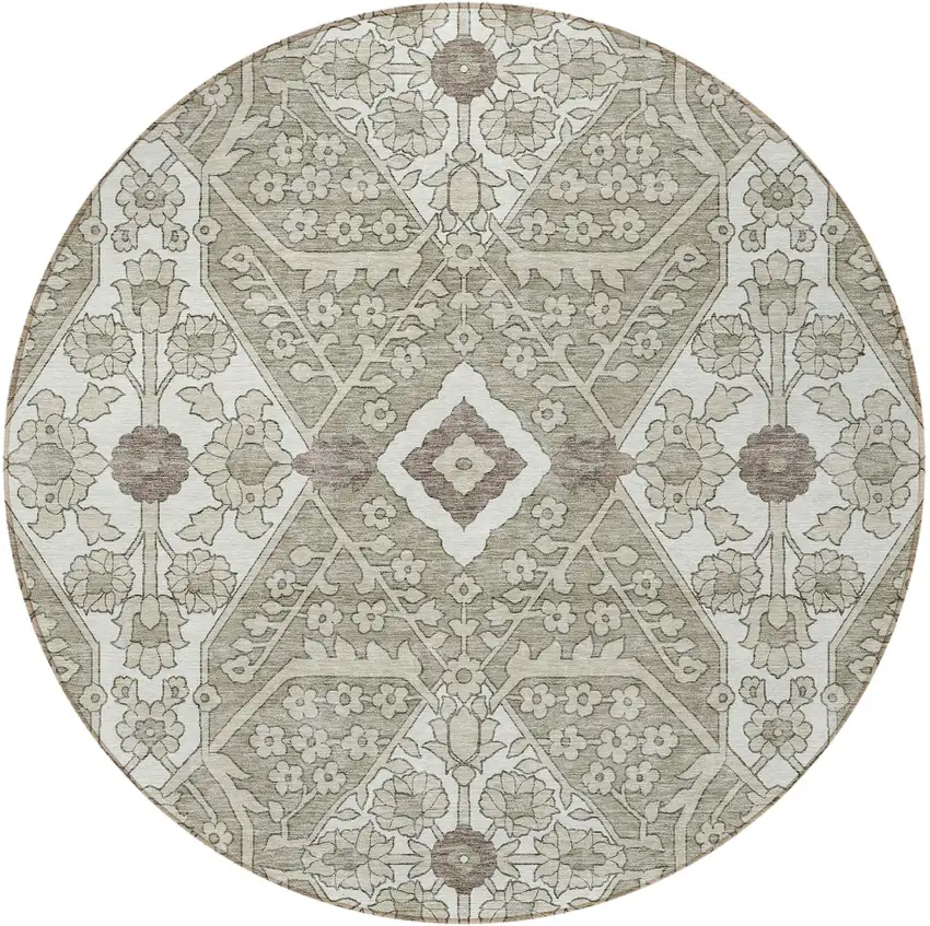 8' Taupe Beige And Ivory Round Floral Washable Indoor Outdoor Area Rug Photo 6