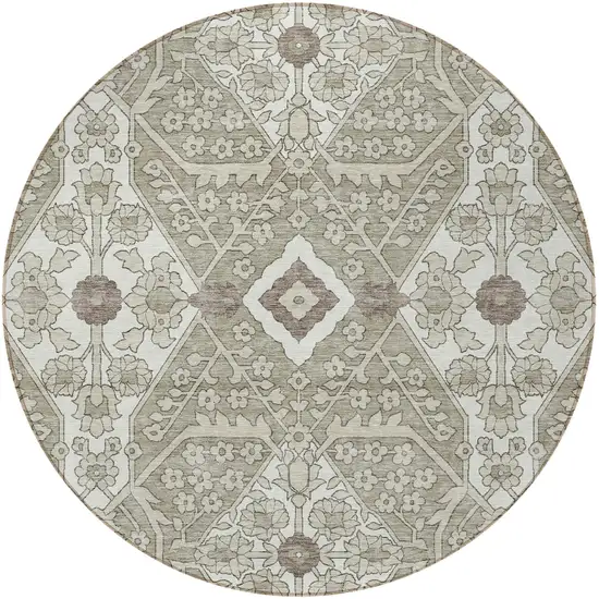 8' Taupe Beige And Ivory Round Floral Washable Indoor Outdoor Area Rug Photo 6