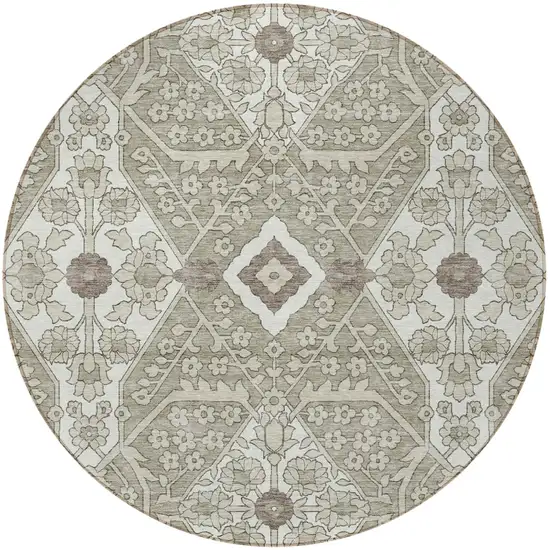 8' Taupe Beige And Ivory Round Floral Washable Indoor Outdoor Area Rug Photo 6