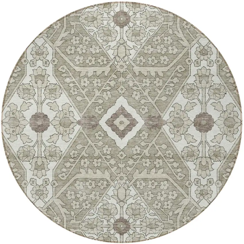 8' Taupe Beige And Ivory Round Floral Washable Indoor Outdoor Area Rug Photo 6