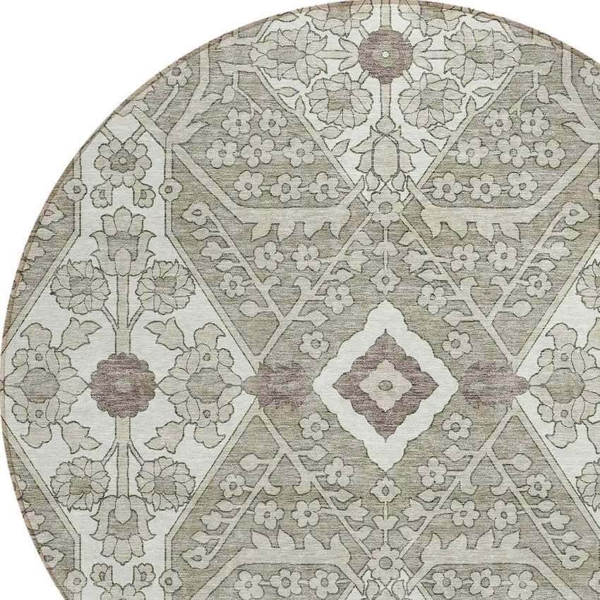 8' Taupe Beige And Ivory Round Floral Washable Indoor Outdoor Area Rug Photo 4