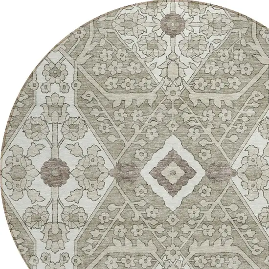 8' Taupe Beige And Ivory Round Floral Washable Indoor Outdoor Area Rug Photo 4