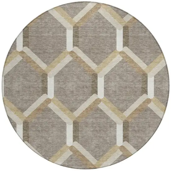 8' Taupe Beige And Ivory Round Geometric Washable Indoor Outdoor Area Rug Photo 4