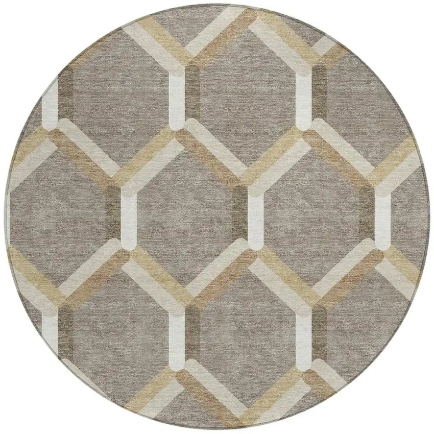 8' Taupe Beige And Ivory Round Geometric Washable Indoor Outdoor Area Rug Photo 4