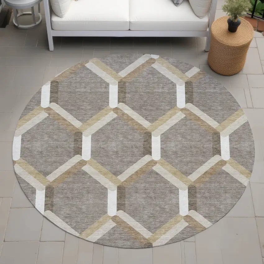8' Taupe Beige And Ivory Round Geometric Washable Indoor Outdoor Area Rug Photo 8