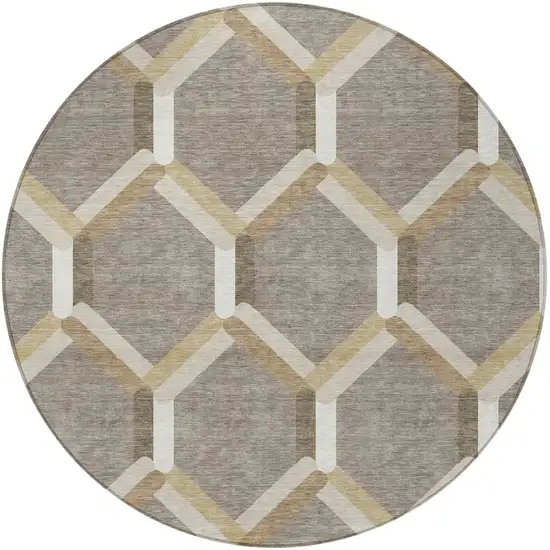 8' Taupe Beige And Ivory Round Geometric Washable Indoor Outdoor Area Rug Photo 5