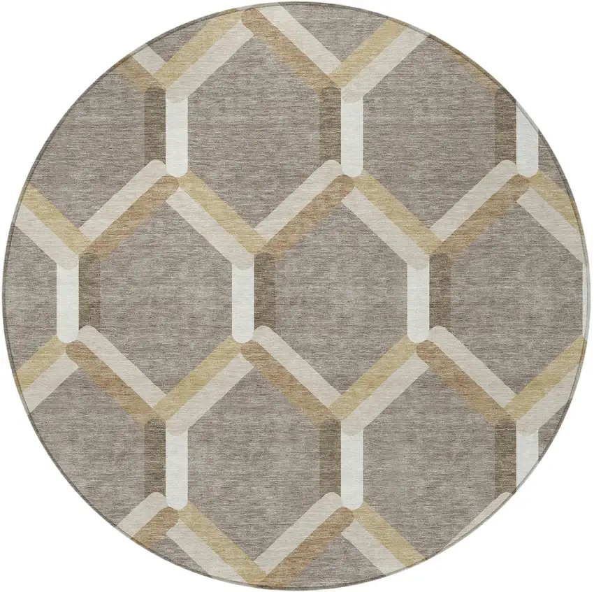 8' Taupe Beige And Ivory Round Geometric Washable Indoor Outdoor Area Rug Photo 5