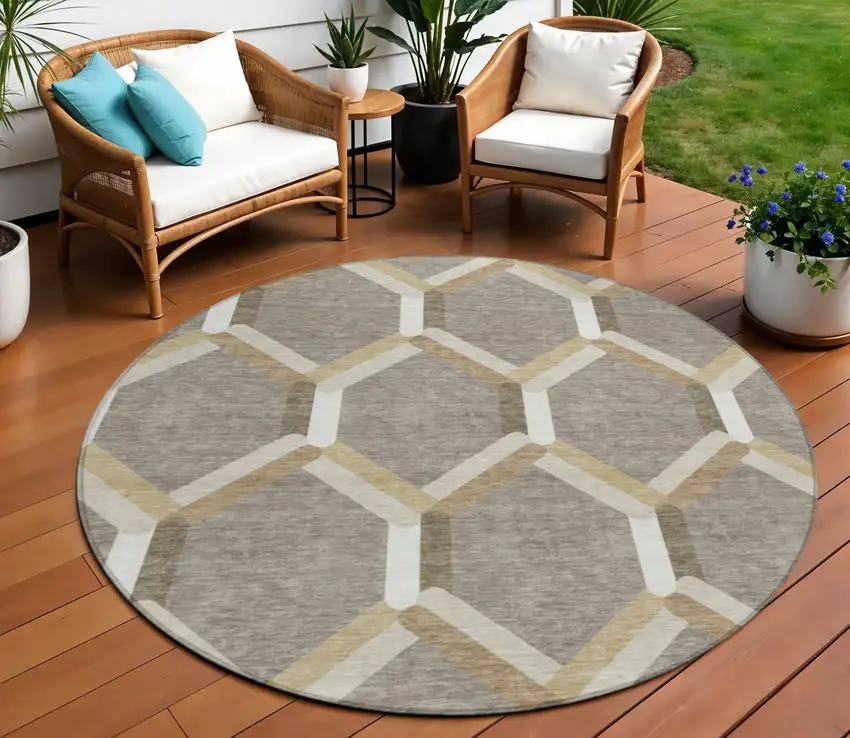 8' Taupe Beige And Ivory Round Geometric Washable Indoor Outdoor Area Rug Photo 1