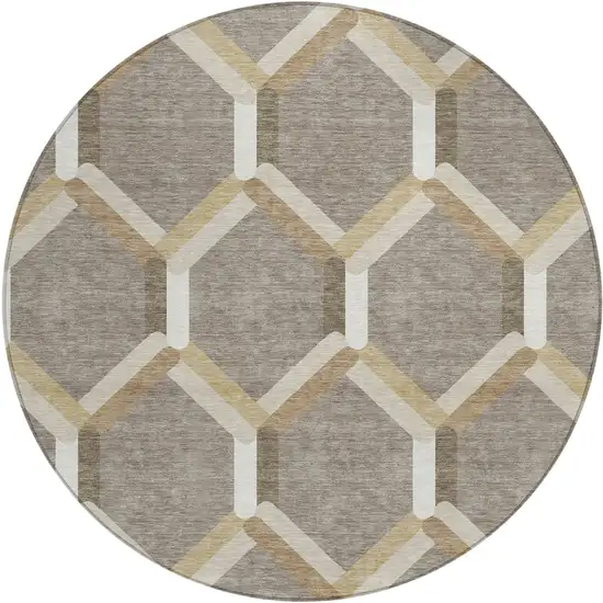 8' Taupe Beige And Ivory Round Geometric Washable Indoor Outdoor Area Rug Photo 2