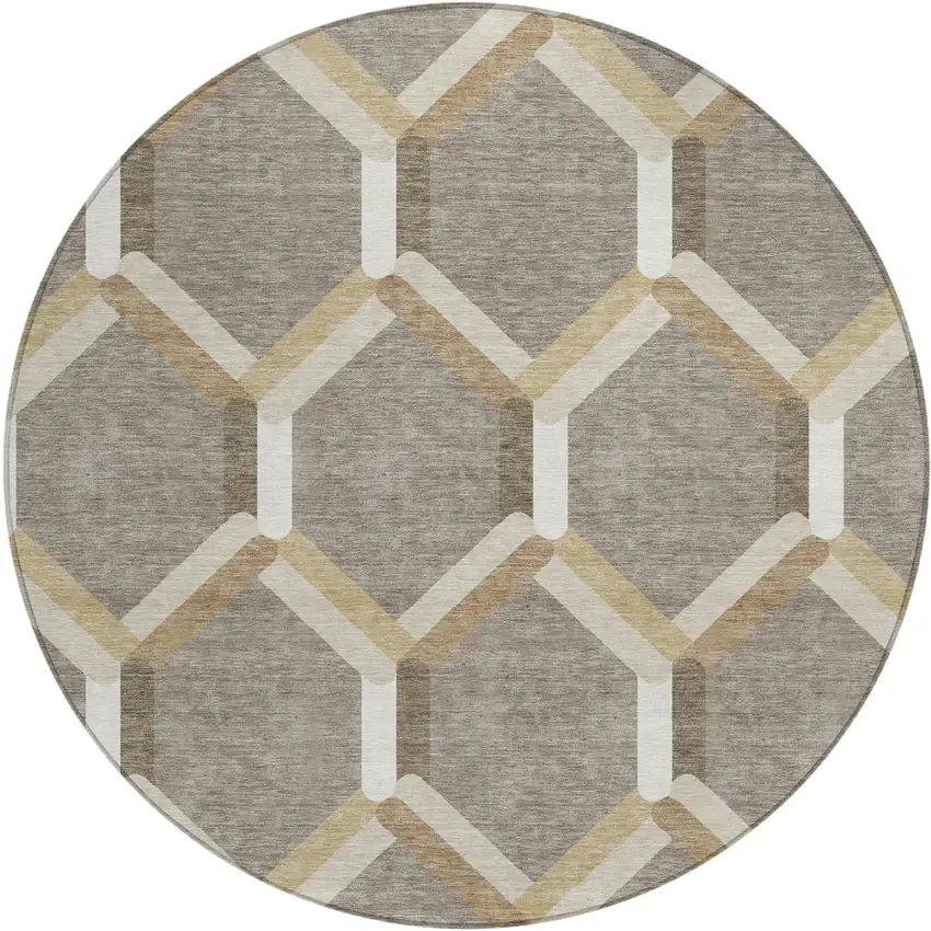 8' Taupe Beige And Ivory Round Geometric Washable Indoor Outdoor Area Rug Photo 2