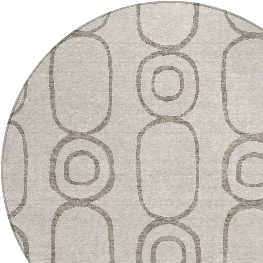 8' Taupe Beige And Ivory Round Geometric Washable Indoor Outdoor Area Rug Photo 6