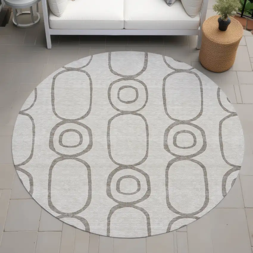 8' Taupe Beige And Ivory Round Geometric Washable Indoor Outdoor Area Rug Photo 8