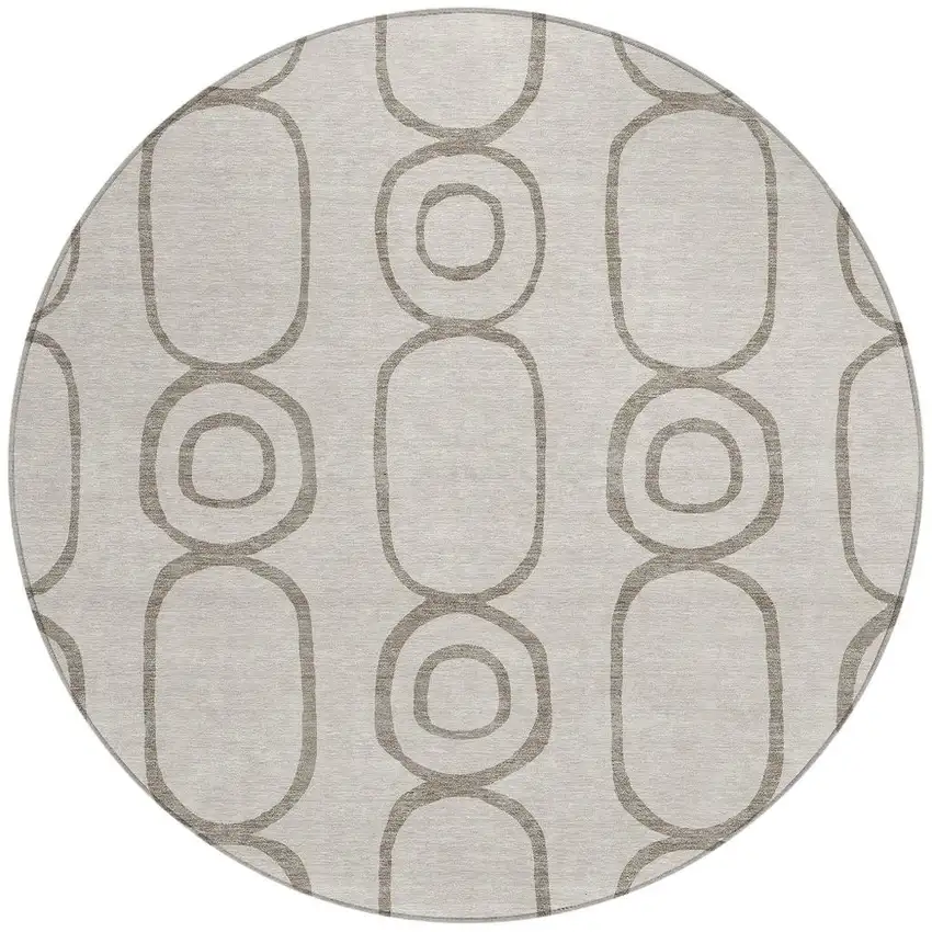 8' Taupe Beige And Ivory Round Geometric Washable Indoor Outdoor Area Rug Photo 4