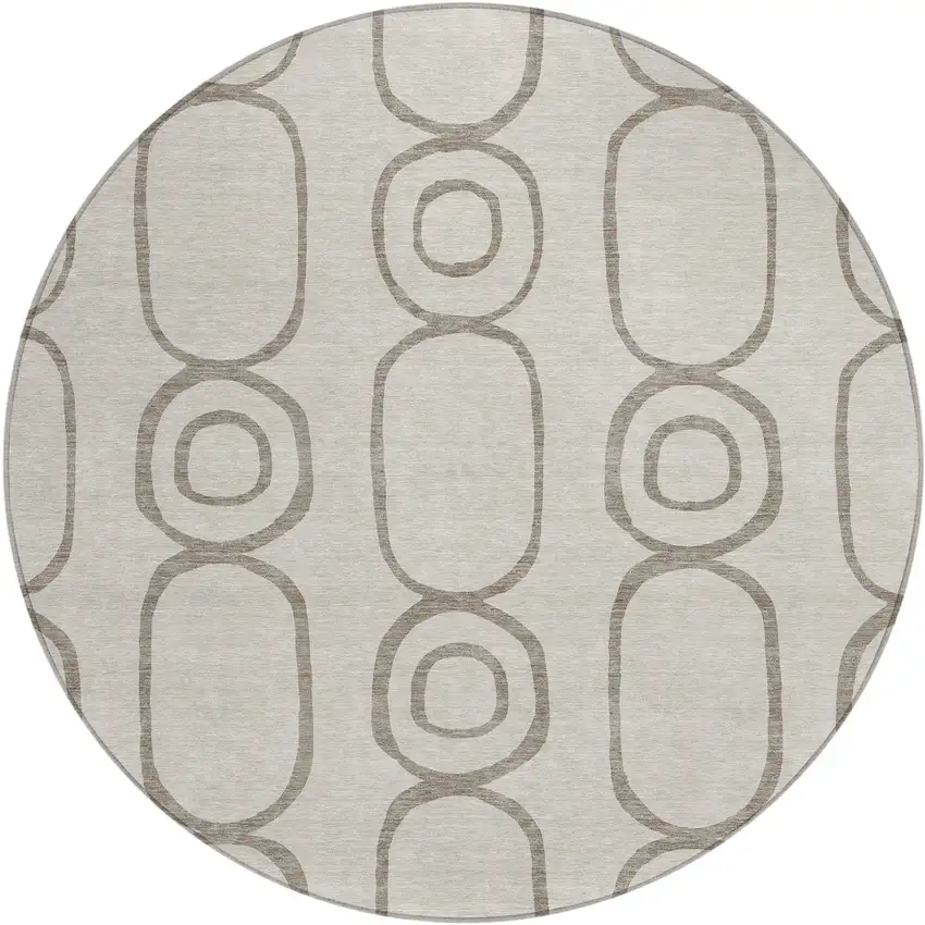 8' Taupe Beige And Ivory Round Geometric Washable Indoor Outdoor Area Rug Photo 2
