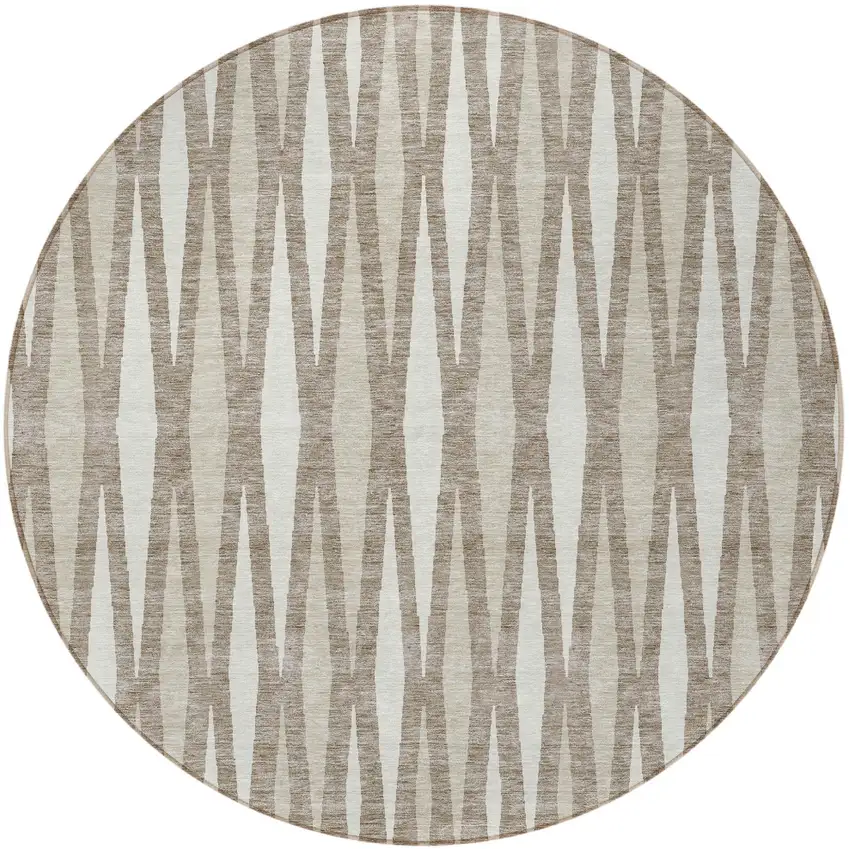 8' Taupe Beige And Ivory Round Geometric Washable Indoor Outdoor Area Rug Photo 5