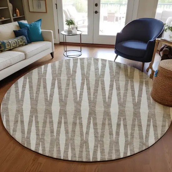 8' Taupe Beige And Ivory Round Geometric Washable Indoor Outdoor Area Rug Photo 7