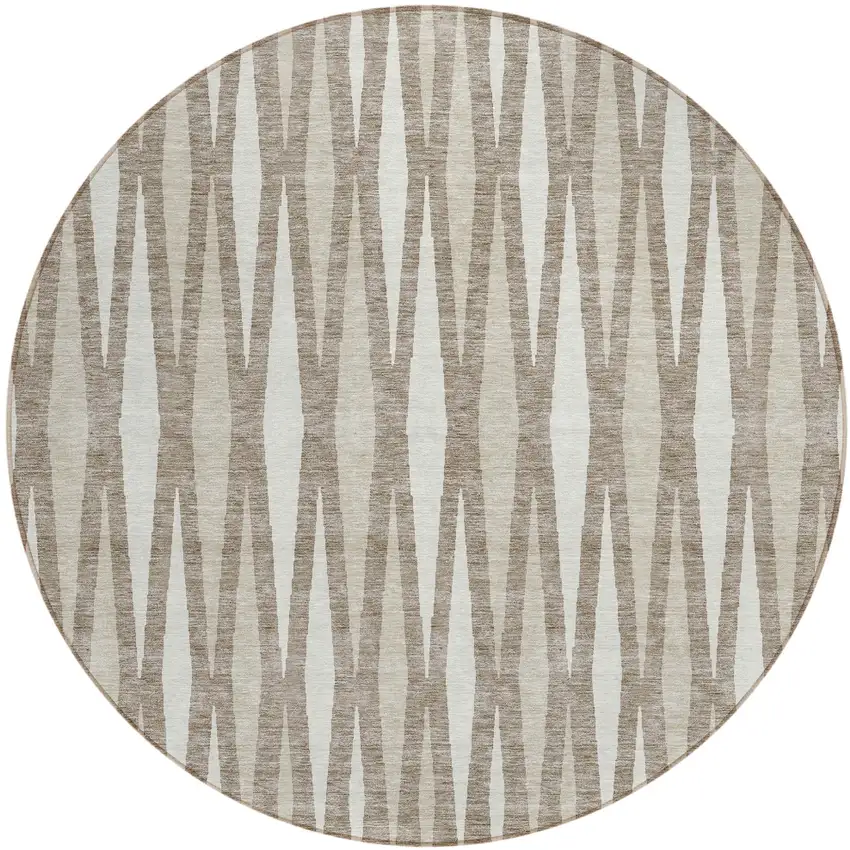 8' Taupe Beige And Ivory Round Geometric Washable Indoor Outdoor Area Rug Photo 2