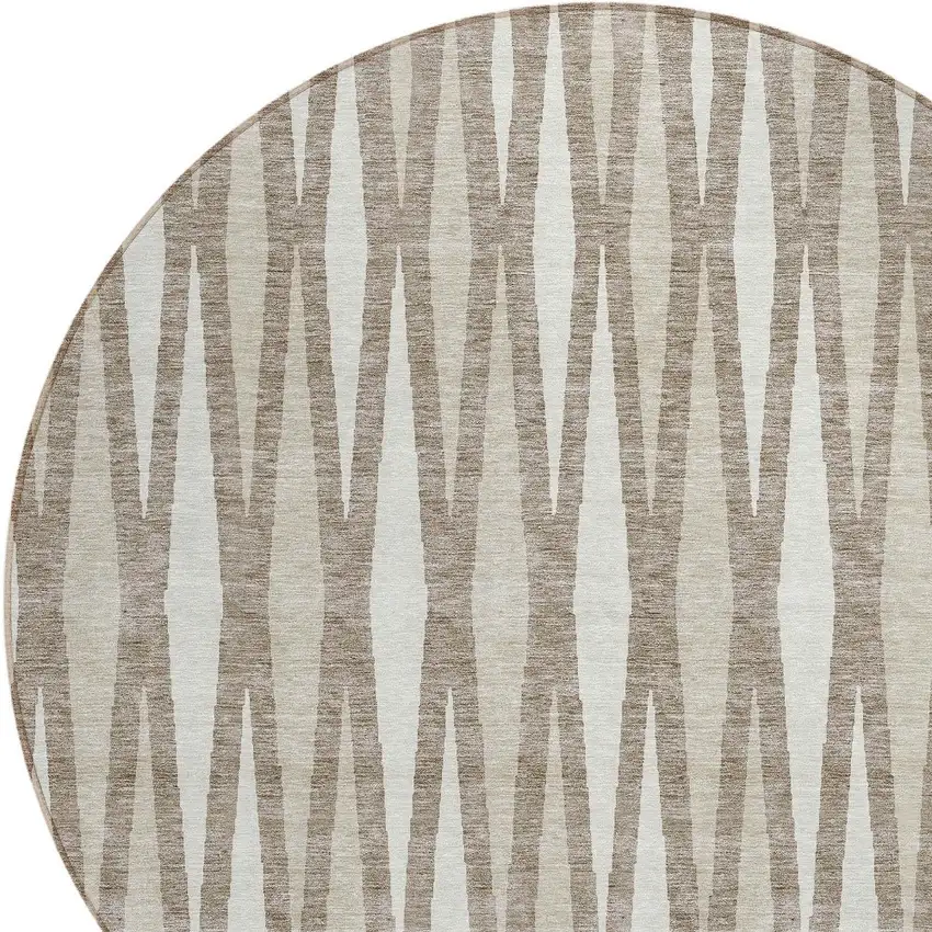 8' Taupe Beige And Ivory Round Geometric Washable Indoor Outdoor Area Rug Photo 4