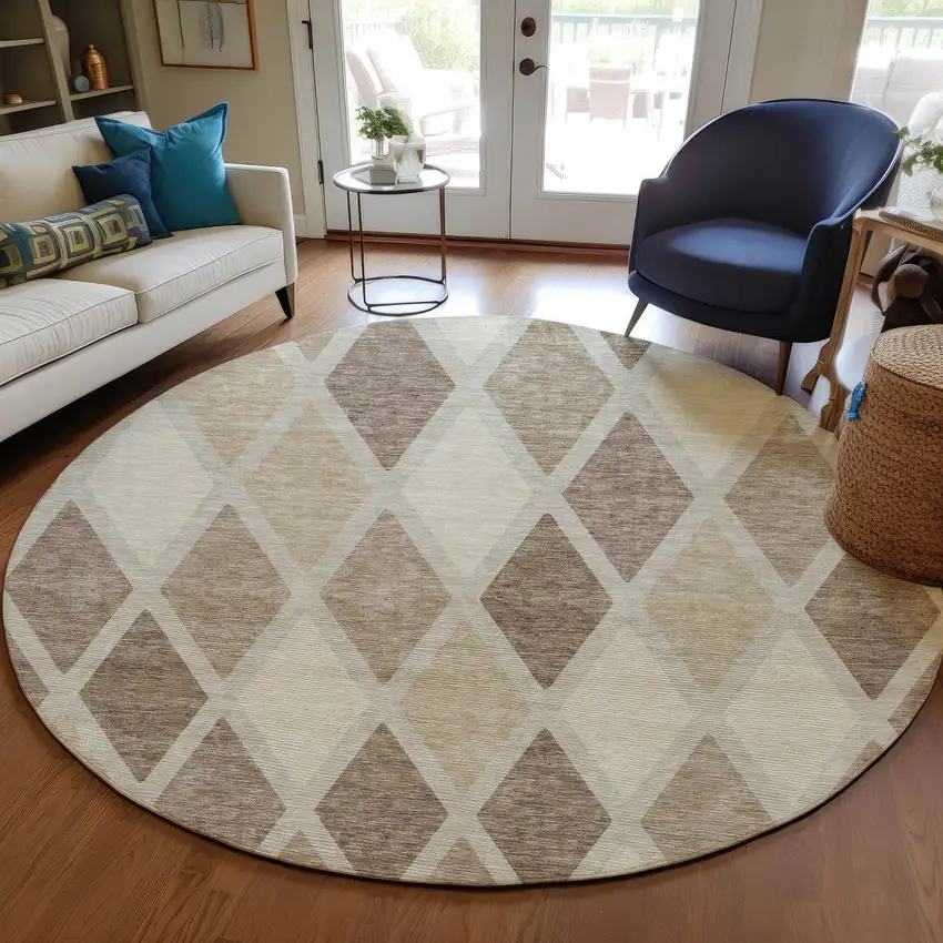8' Taupe Beige And Ivory Round Geometric Washable Indoor Outdoor Area Rug Photo 8