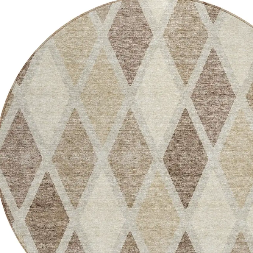 8' Taupe Beige And Ivory Round Geometric Washable Indoor Outdoor Area Rug Photo 4