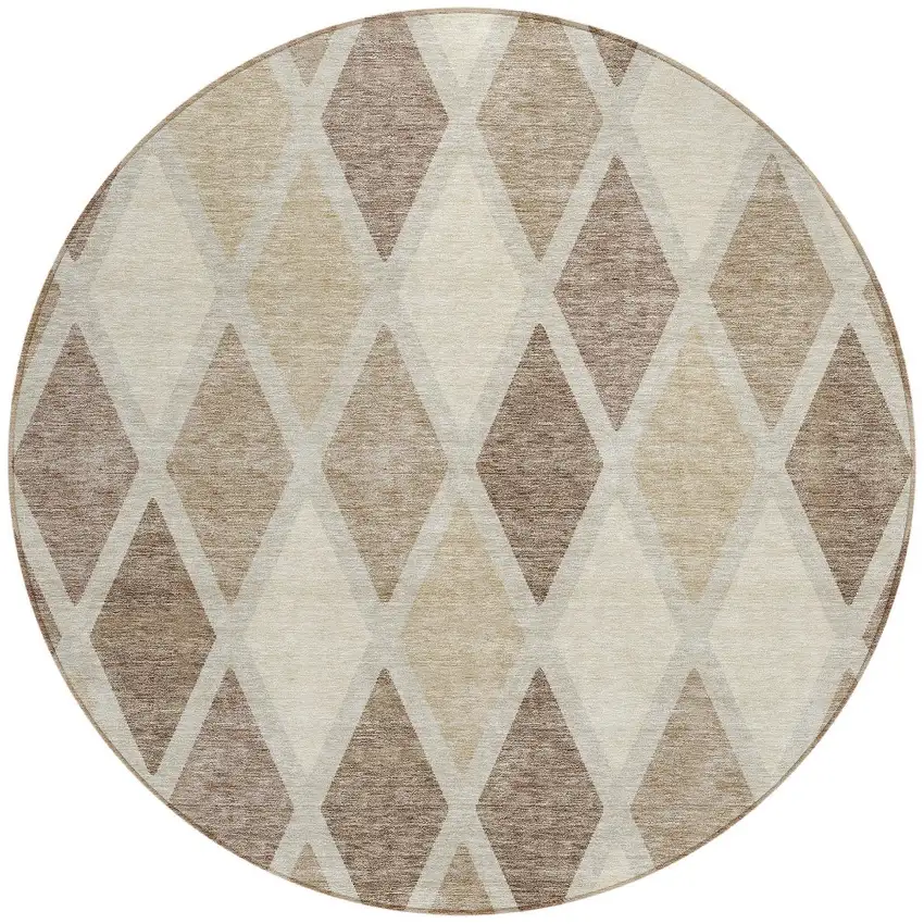 8' Taupe Beige And Ivory Round Geometric Washable Indoor Outdoor Area Rug Photo 6