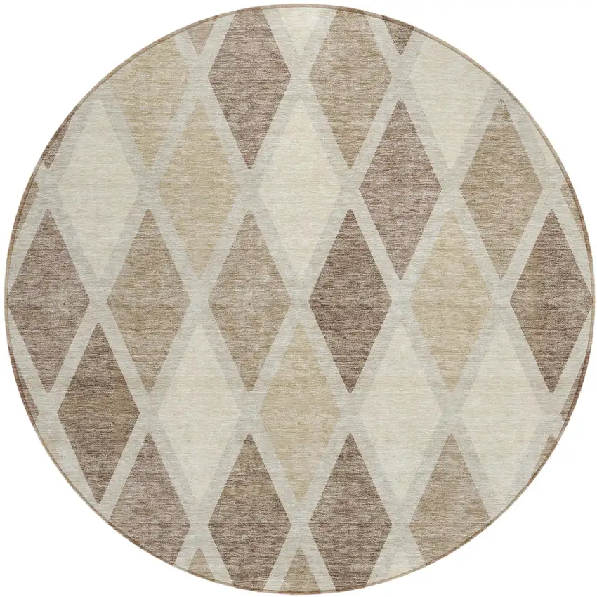 8' Taupe Beige And Ivory Round Geometric Washable Indoor Outdoor Area Rug Photo 2