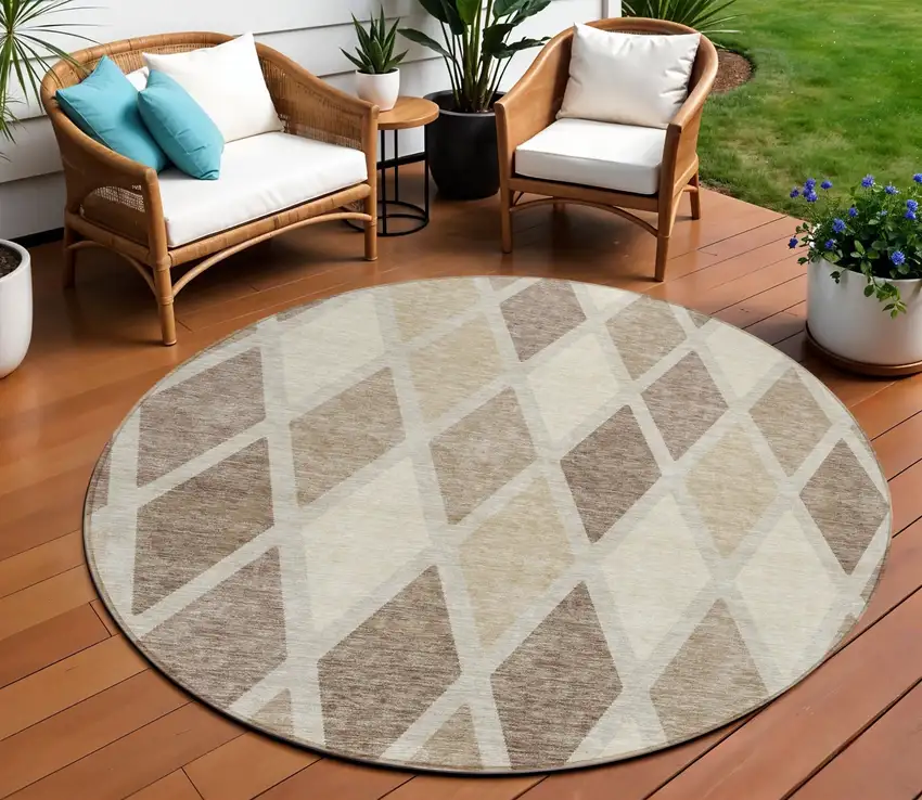 8' Taupe Beige And Ivory Round Geometric Washable Indoor Outdoor Area Rug Photo 1