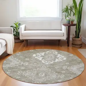 Photo of 8' Taupe Beige And Ivory Round Medallion Washable Indoor Outdoor Area Rug