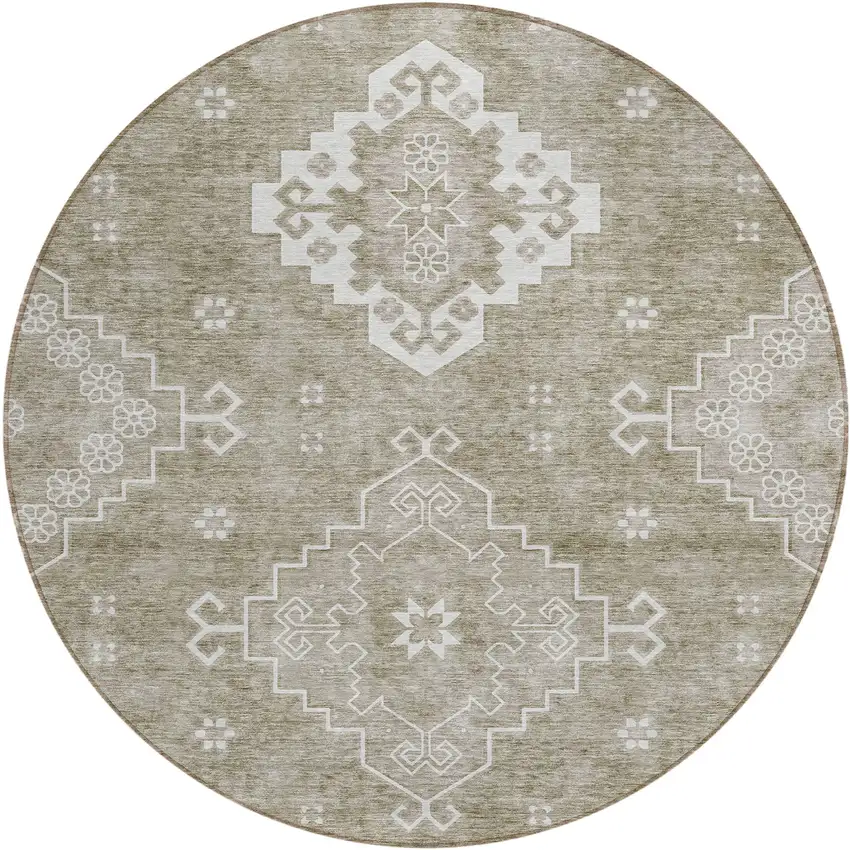 8' Taupe Beige And Ivory Round Medallion Washable Indoor Outdoor Area Rug Photo 2