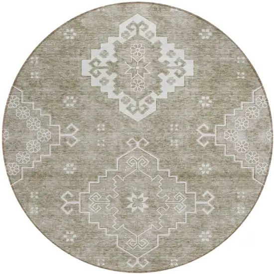8' Taupe Beige And Ivory Round Medallion Washable Indoor Outdoor Area Rug Photo 2